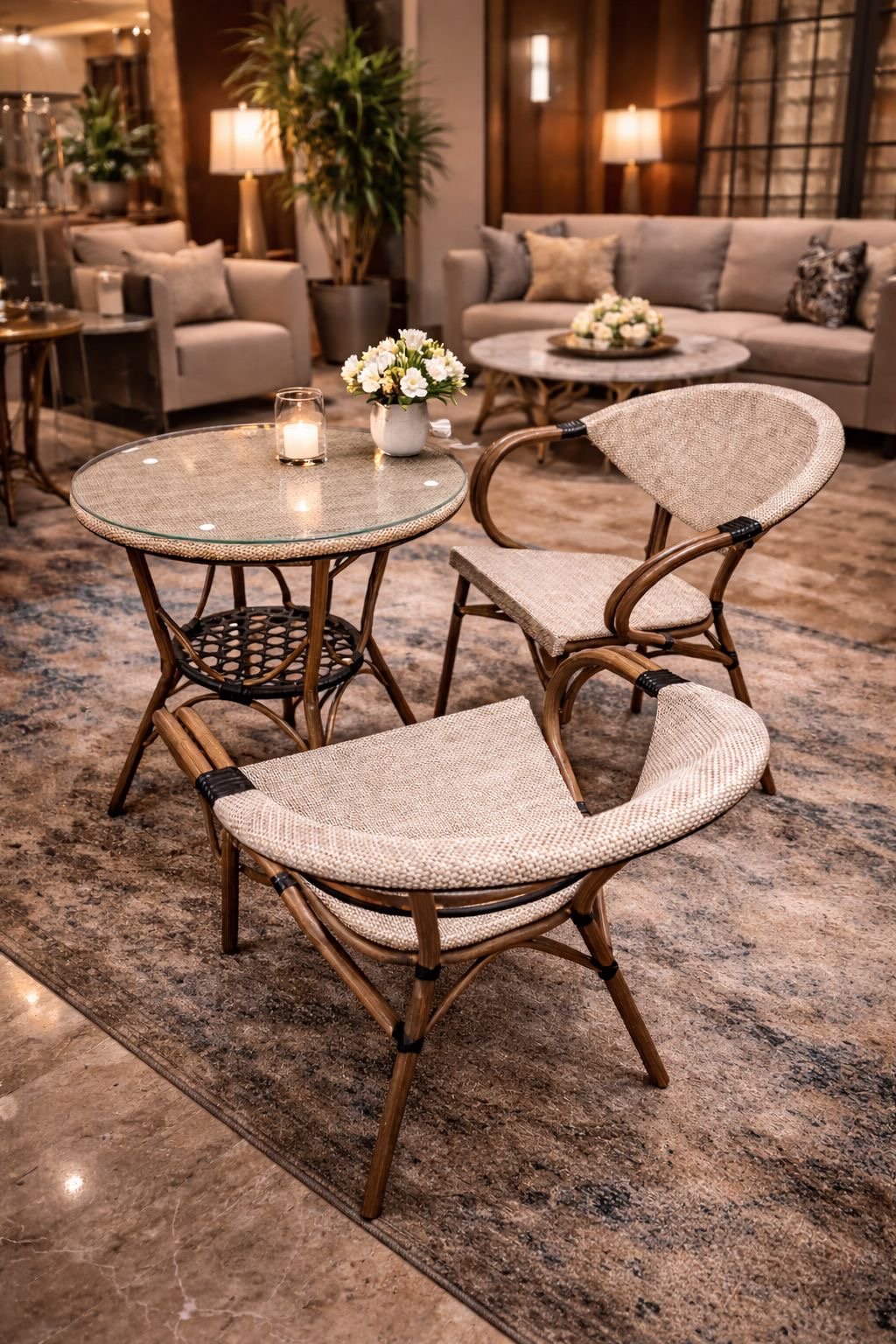 bamboo rattan armchair with woven fabric seat & backrest.