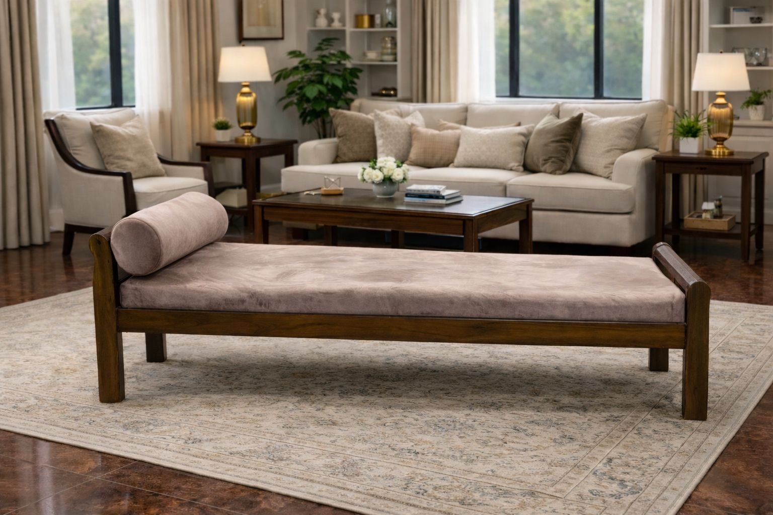 Wooden upholstered diwan (bench-style lounge seat).