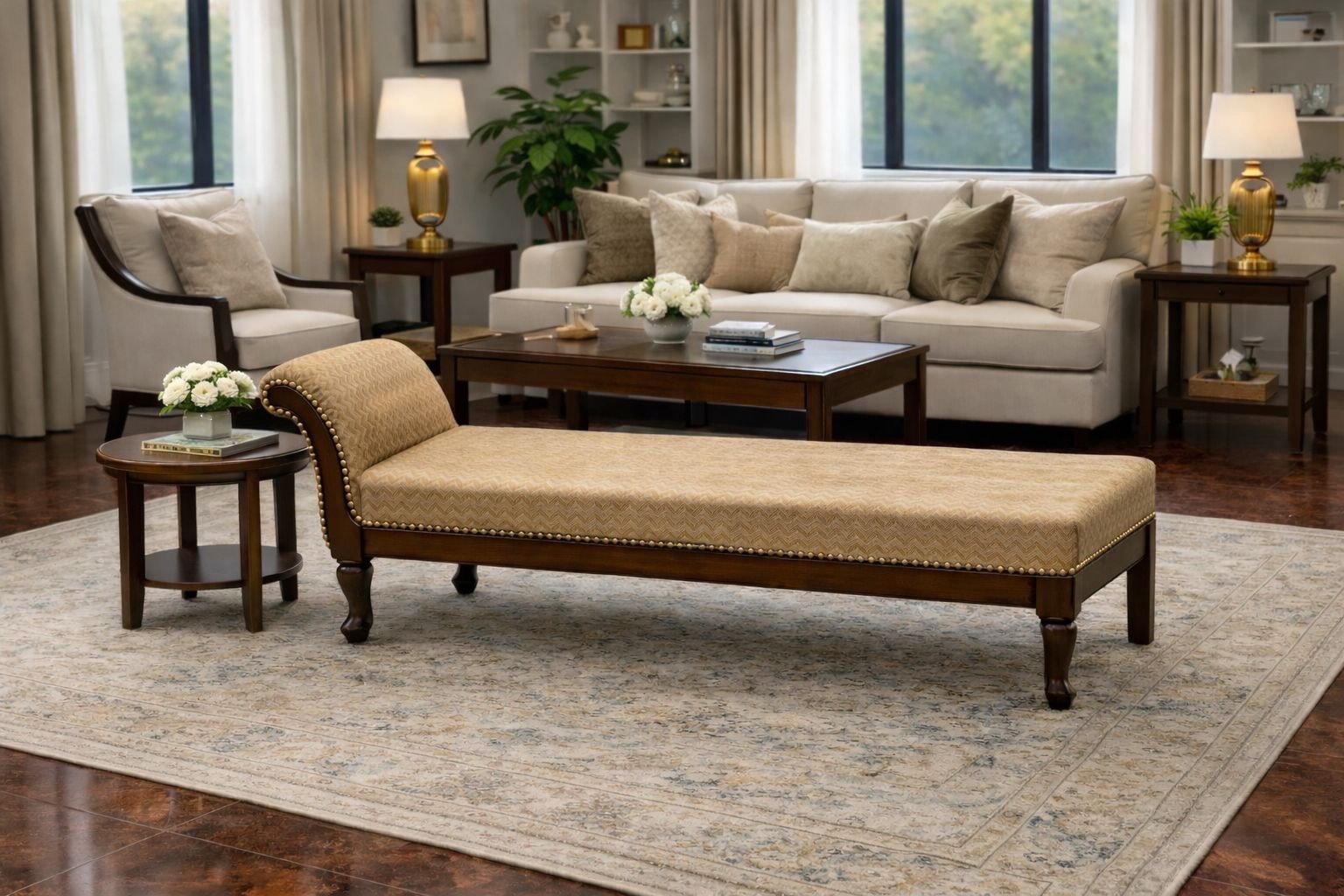 Wooden upholstered diwan or chaise lounge.