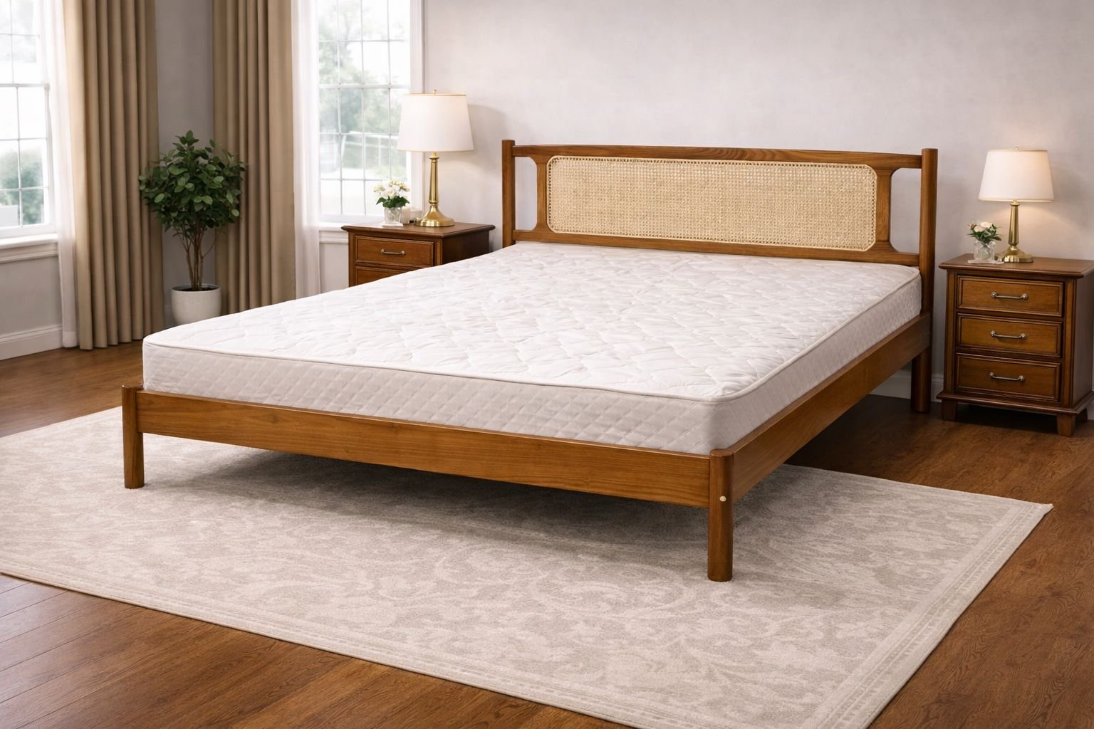 wooden cane-back bed frame with a white quilted mattress.