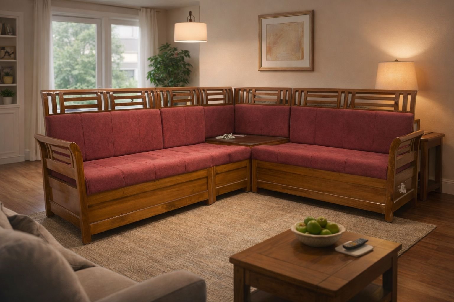 wooden corner sectional sofa with red cushions.