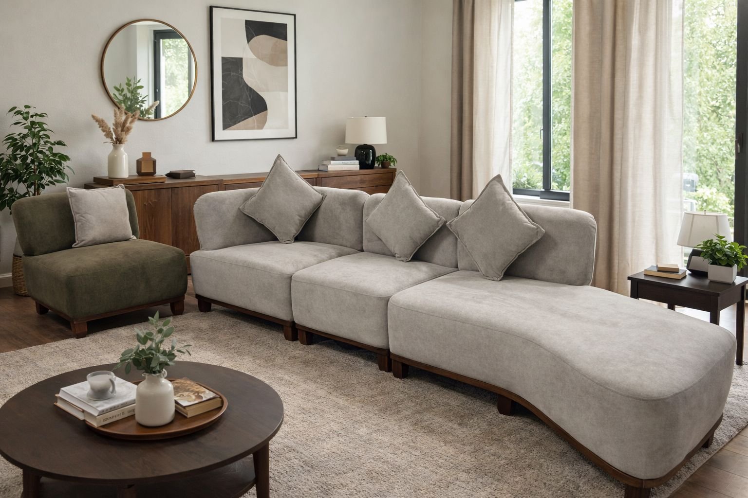 light grey curved sofa (3‑seater sectional)
