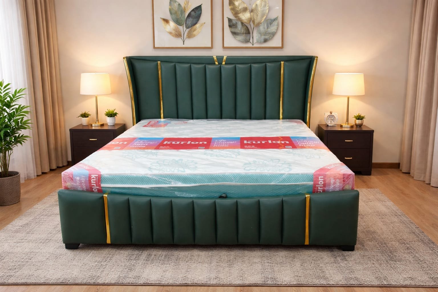 green leatherette upholstered frame and gold trim