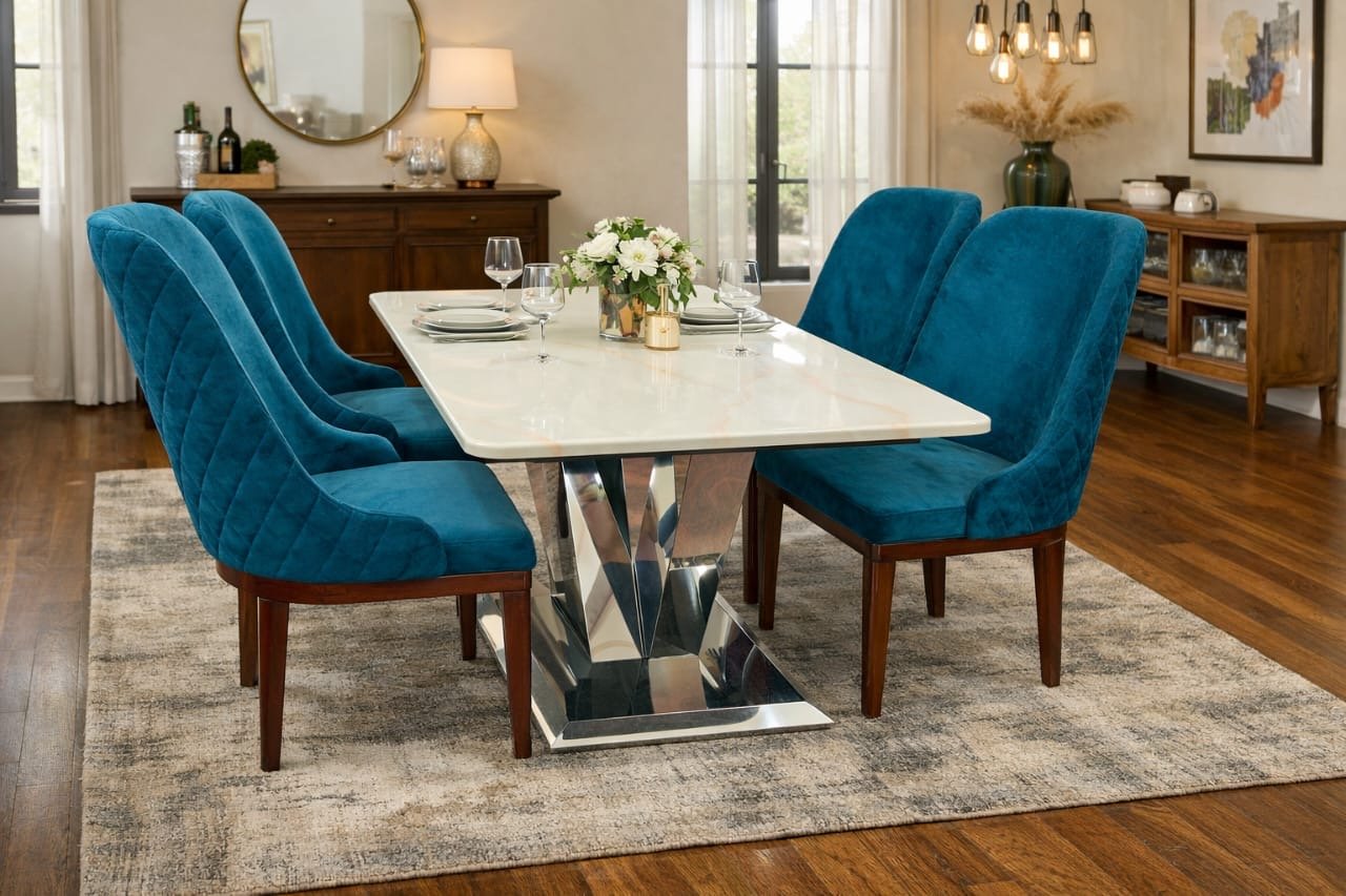 White marble with teal chairs dining table
