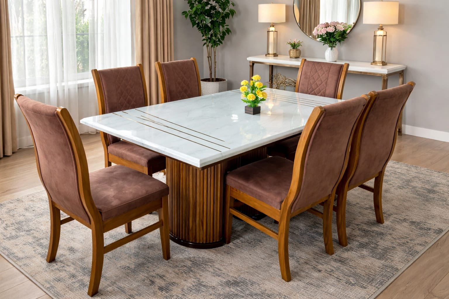 white marble top and a medium brown wooden fluted base.